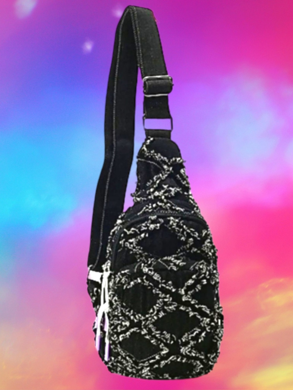 🆕WildFox Women’s Black Denim Jean Frayed Double Pocket Sling Bag❤️❤️MSRP: $68.00